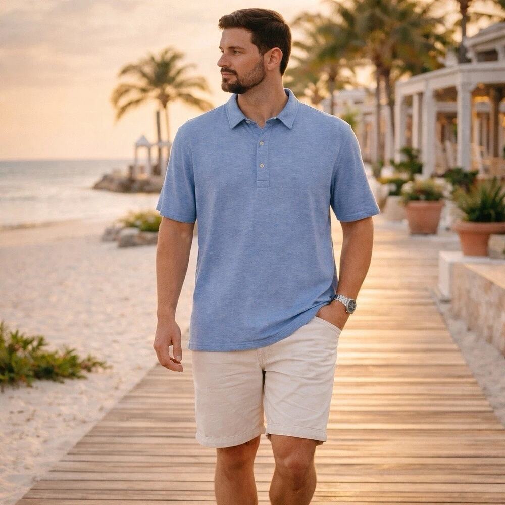 Faherty Cloud Cotton Heather Blue Polo Shirt Size XL ☁️🌊☁️